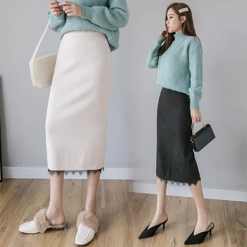 

Make the knitting children long skirts new winter bud silk bag hip show thin split one pace