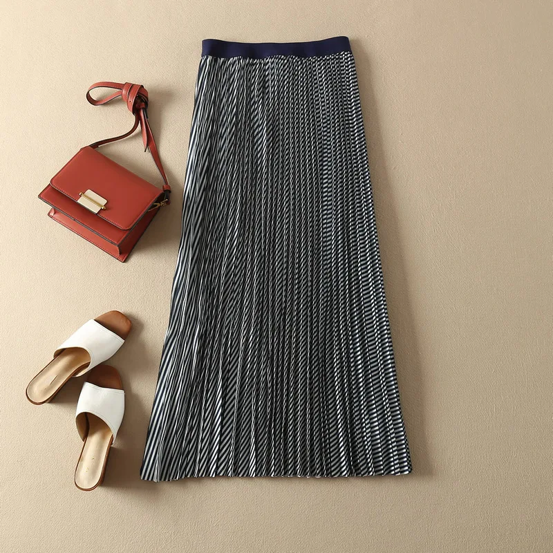 navy stripe as pic Женская/Женская эластичная Юбка-миди с высокой талией в полоску/с принтом животных, плиссированная юбка-осень, темно-синяя полосатая/желтая юбка средней длины с принтом змеи - Цвет: navy stripe as pic