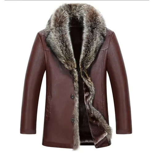 light brown Большие размеры 5XL воротник из натурального меха енота Мужчины искусственная кожа зимние куртки утолщенное пальто Jaqueta De Couro куртка мужская из искусственной кожи хороший - Цвет: light brown