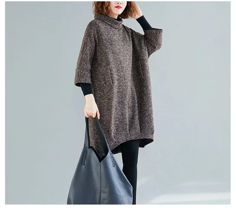 Mferlier 4XL 5XL размера плюс женская зимняя верхняя одежда половина-водолазка три четверти коричневый темно-серый свободный Дамский Мини-кофты с капюшоном платье