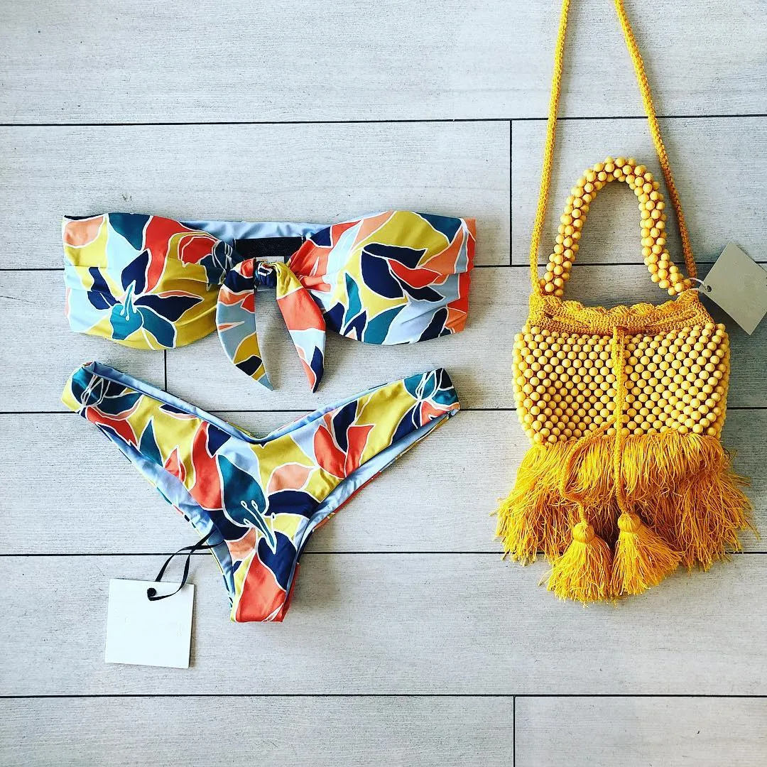 

2019 New Style WOMEN'S Swimsuit Europe And America Knot Printed Sexy Bikini Split Type Bikini WOMEN'S Swimsuit