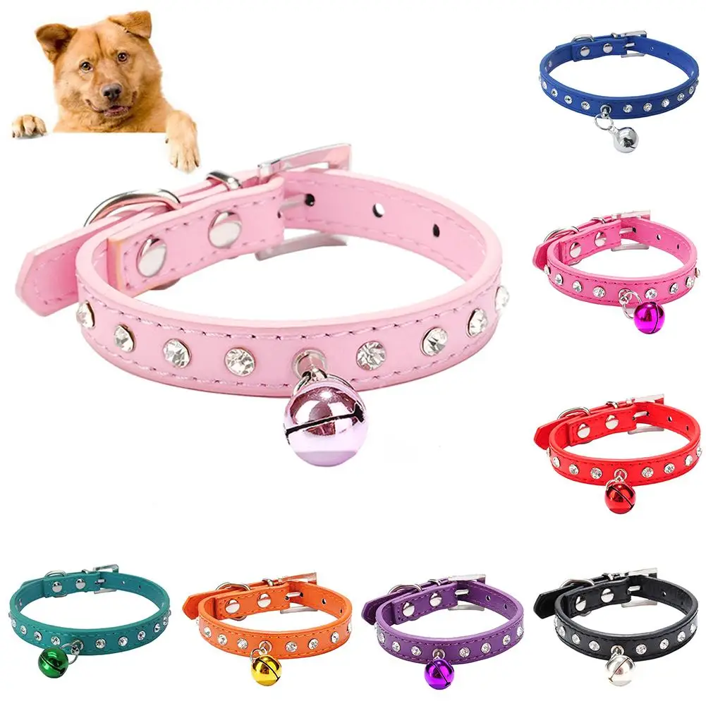 

Adjustable Pet Dog Crystal Rhinestone Bell Collar Rivets Faux Leather Neck Strap