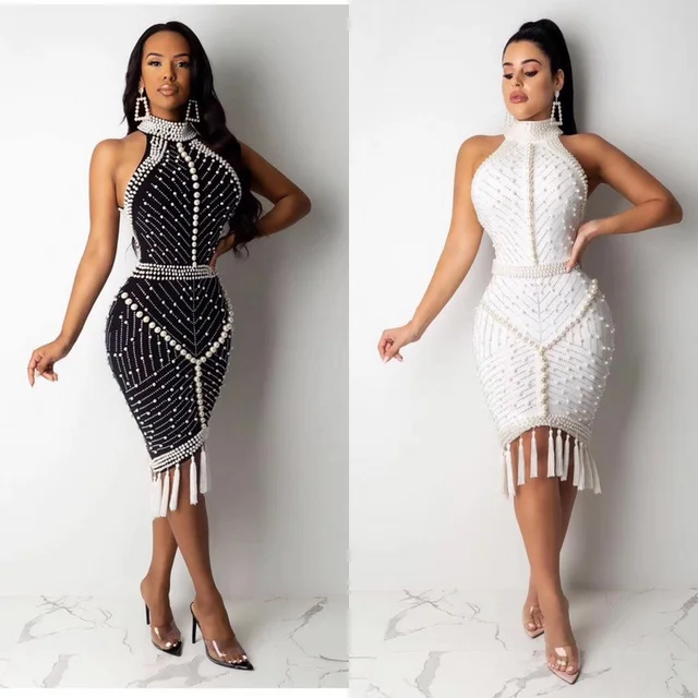 XL XXL High Quality Celebrity White Black Tassel Beading Sexy Rayon Bandage Dress Cocktail Party Dress 4