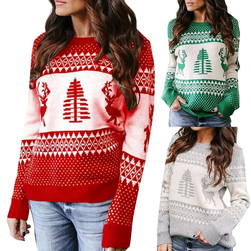 

Women Elk Xmas Tree Print Round Neck Long Sleeve Blouse Top Knitted Sweater