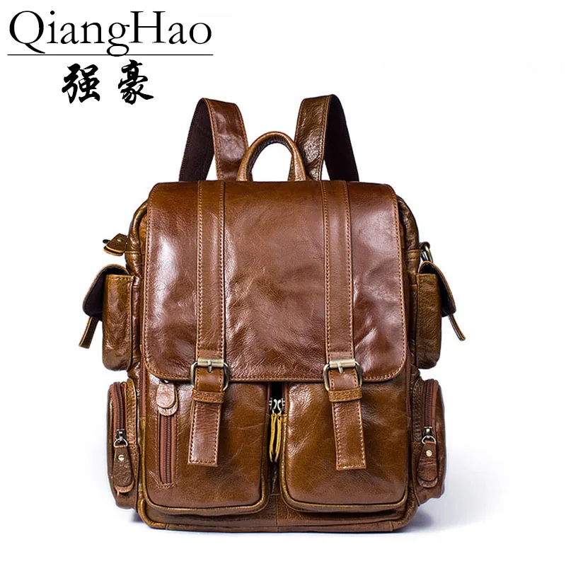 QiangHao, новинка, мужские функциональные сумки, модный мужской рюкзак, натуральная кожа, рюкзак, большая вместительность, мужская сумка