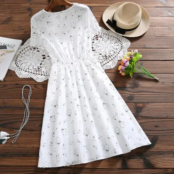 Robe Femme, летнее женское платье с коротким рукавом и v-образным вырезом, хлопковое льняное платье с цветочным принтом, винтажное платье для девочек, DV936