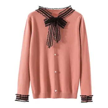 

Korean Style Fashion Sweet Lace-up Bow Decoration Knit Pullover Solid Color Long Sleeve Women's Sweater