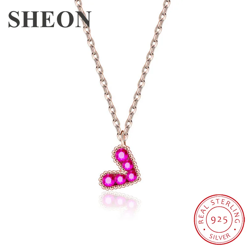 

SHEON Rose Gold Color 925 Sterling Silver Heart Pave Red Crystal CZ Necklaces Pendants for Women Fashion Necklace Jewelry