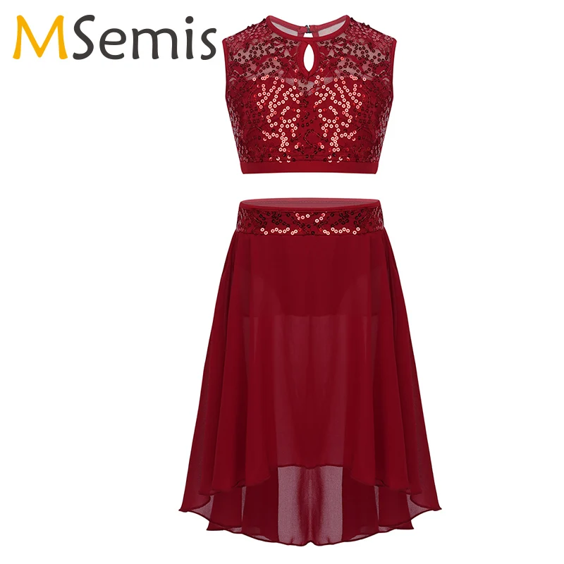 

Girls Lyrical Dance Costumes Ballet Dress Sleeveless Sequined Crop Top with Dipped Hem Chiffon Skirt Set for Celebration Dancing