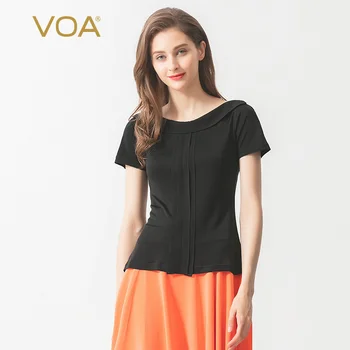 

VOA Classic Black Short Sleeve Shoulder Collar Loose-leaf Collar Receives Slim waist Classic Silk Knitted T Shirt Women B9127