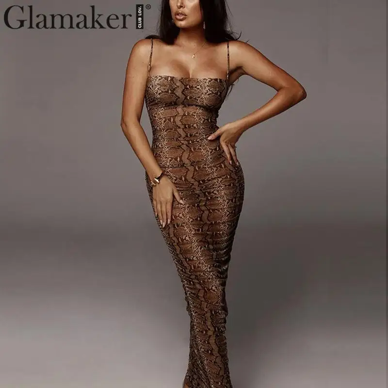 

Glamaker Sexy sleeveless snake print maxi dress Autumn winter party club bodycon dress Women elegant green snake print sundress