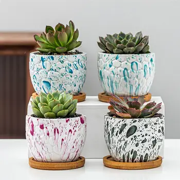 

4Pcs Ceramics Planter with Tray Practical Modern Creative Plant Container Flowerpot Succulents Planter for Shop Desktop Home