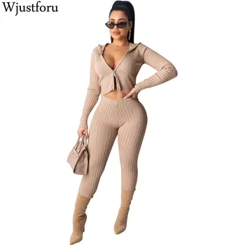

Wjustforu Skinny Ribbed Knit Two Piece Set Women Sexy Hoodies Jacket + Bodycon Pencil Pants Autumn Casual Kintting 2 Piece Set