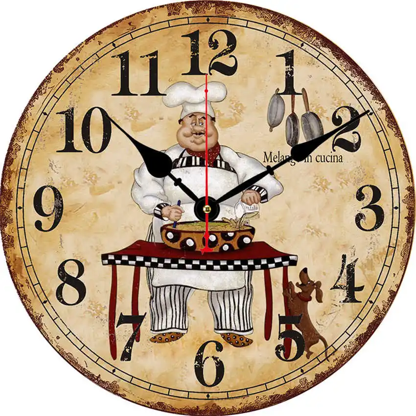 Figure Wall Clocks Shabby Retro Home Kitchen Room Decor Rustic Cooker Non-Ticking Silent Quiet Cook Small Kitchen Clocks