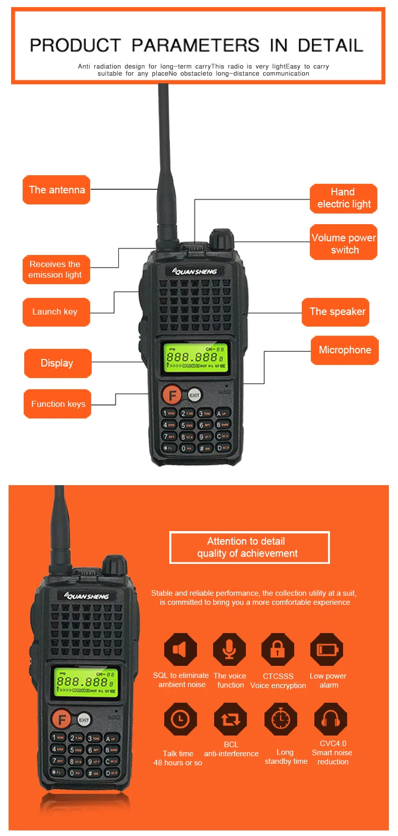 10 Вт QuanSheng TG-K10AT 10 ватт уоки-токи радиостанции comunicador UHF 400-470 МГц двухстороннее радио Amador 4000 мАч HF приемопередатчик