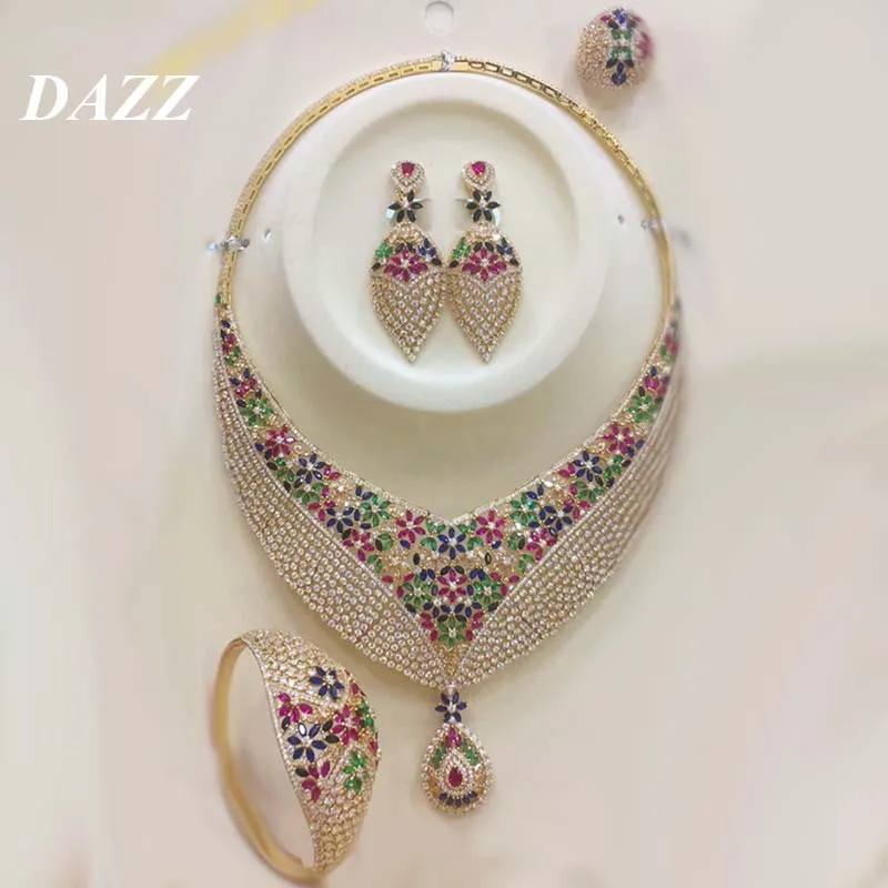 Dazz, роскошное красочное циркониевое круглое ожерелье, серьги, кольцо, браслет, нигерийский Свадебный ювелирный набор, свадебные женские ювелирные изделия из Дубаи