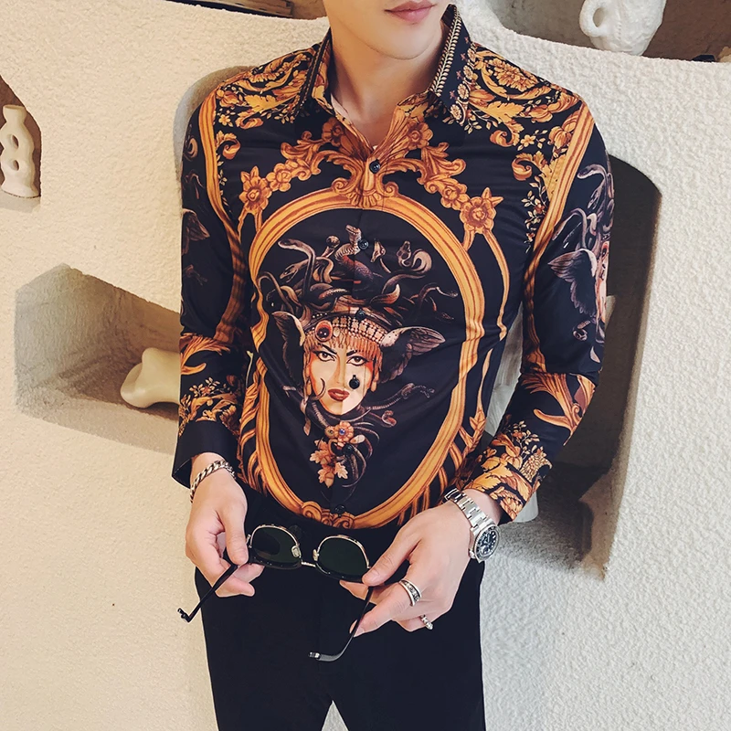 Рубашки в уличном стиле мужская одежда Camisa Homem гавайская рубашка с золотым принтом Мужская рубашка с длинными рукавами и цветочным принтом Мужская рубашка Camisa Masculina