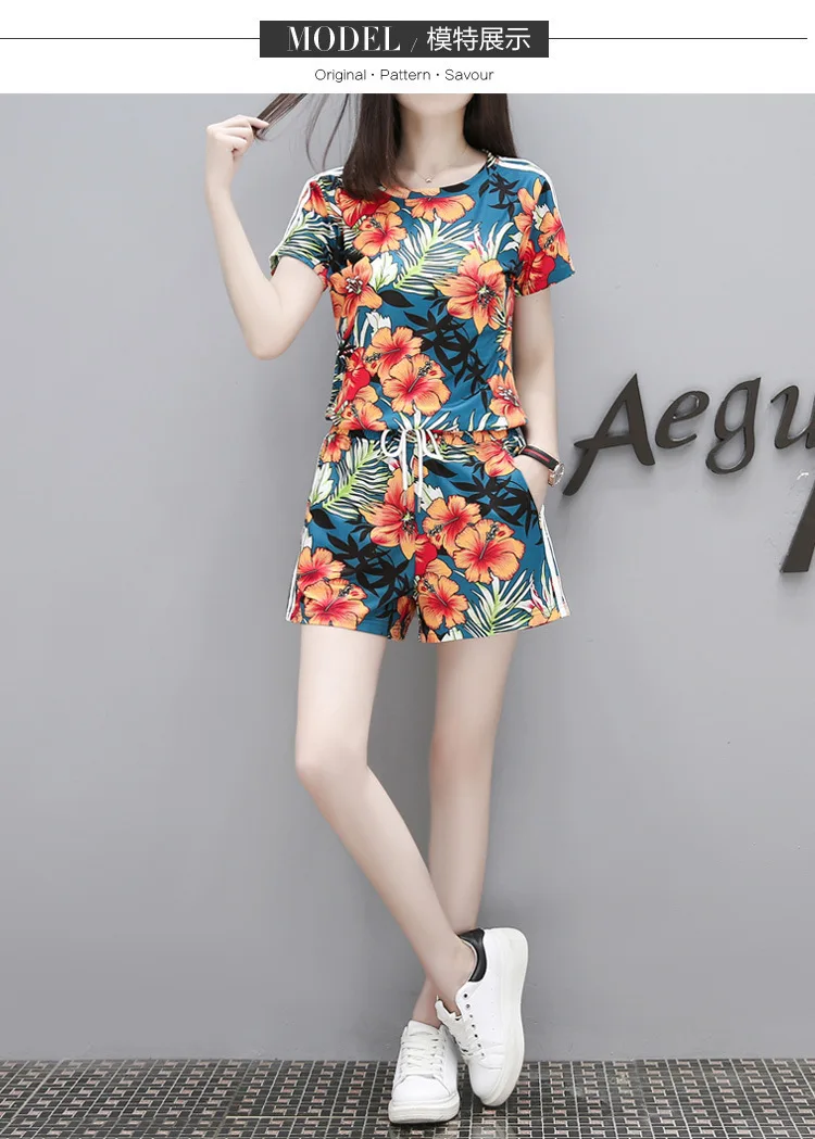 шорты женский костюм женский Shorts Sets Summer 2021 Short Sleeve T-Shirt + Shorts Pants two piece set women Flower Print Suits white co ord set