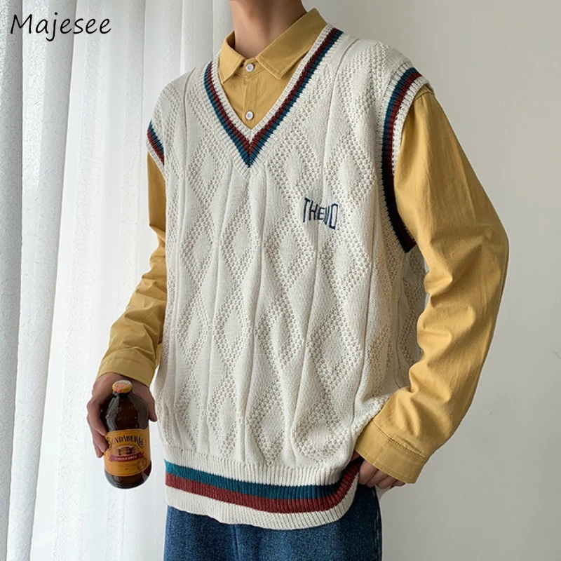 Suéter con estampado de letras para hombre, chaleco masculino con cuello en V, de gran tamaño, estilo Preppy, ropa de calle elegante de uso diario, de punto Retro de ocio, 2XL