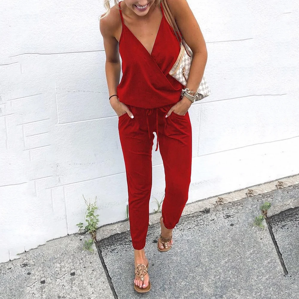 Cross V Neck Sling Summer Jumpsuit Loose Elastic Waist Casual Streetwear Clothes Sleeveless Backless Pencil Women Rompers Femme