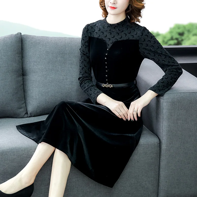 

Europe And America 2019 Winter Gold Velvet Dress Women's New Style Western Style Underwear over-the-Knee Mid-length Thick Base S