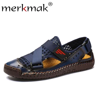 

Merkmak Summer Men Leather Sandals Man Flats Fashion Breathable High Quality Casual Beach Men's Shoes Plus Size 39-48 Flat