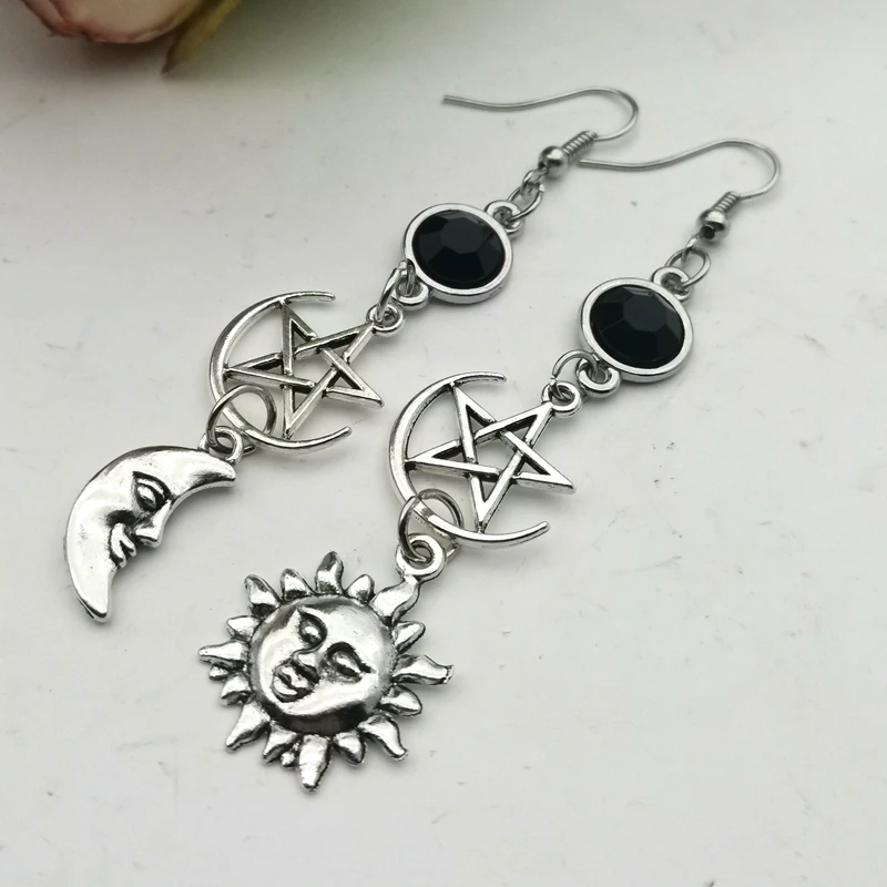 Gothic Celestial Earrings Crescent Goddess Birthstone and Pentagram Moon Earrings