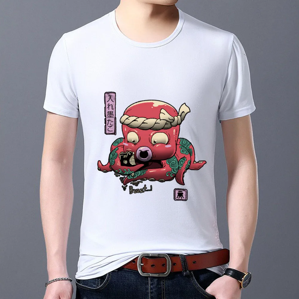 

Man T-shirt Cute Monster Pattern Series Short Sleeve Tops Classic White Print Tee Shirt Simple O-Neck Male TShirts Men's Clothes