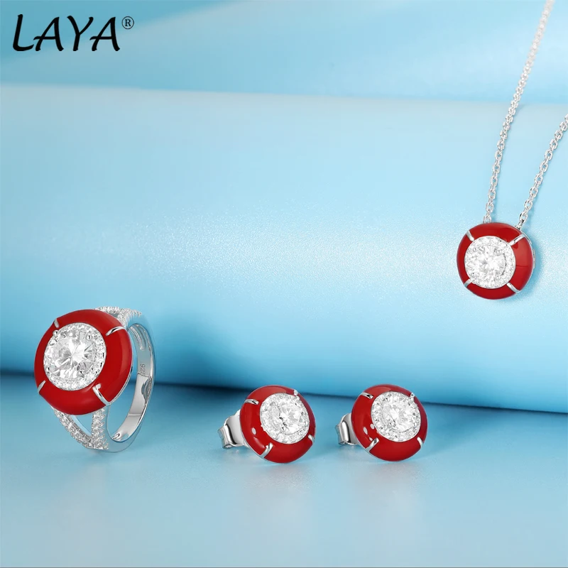LAYA 100% 목걸이 귀걸이 반지 여성을위한 복고풍 스타일 빛나는 지르콘 레드 에나멜 쥬얼리 2022 트렌드