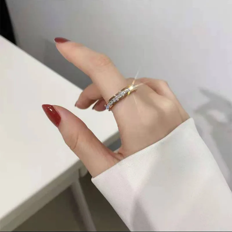 Gold Color Ring Stainless Steel Ring Finger Ring Wedding Ring Luxury Rose Gold Color Double Row Square Zircon Ring for Women