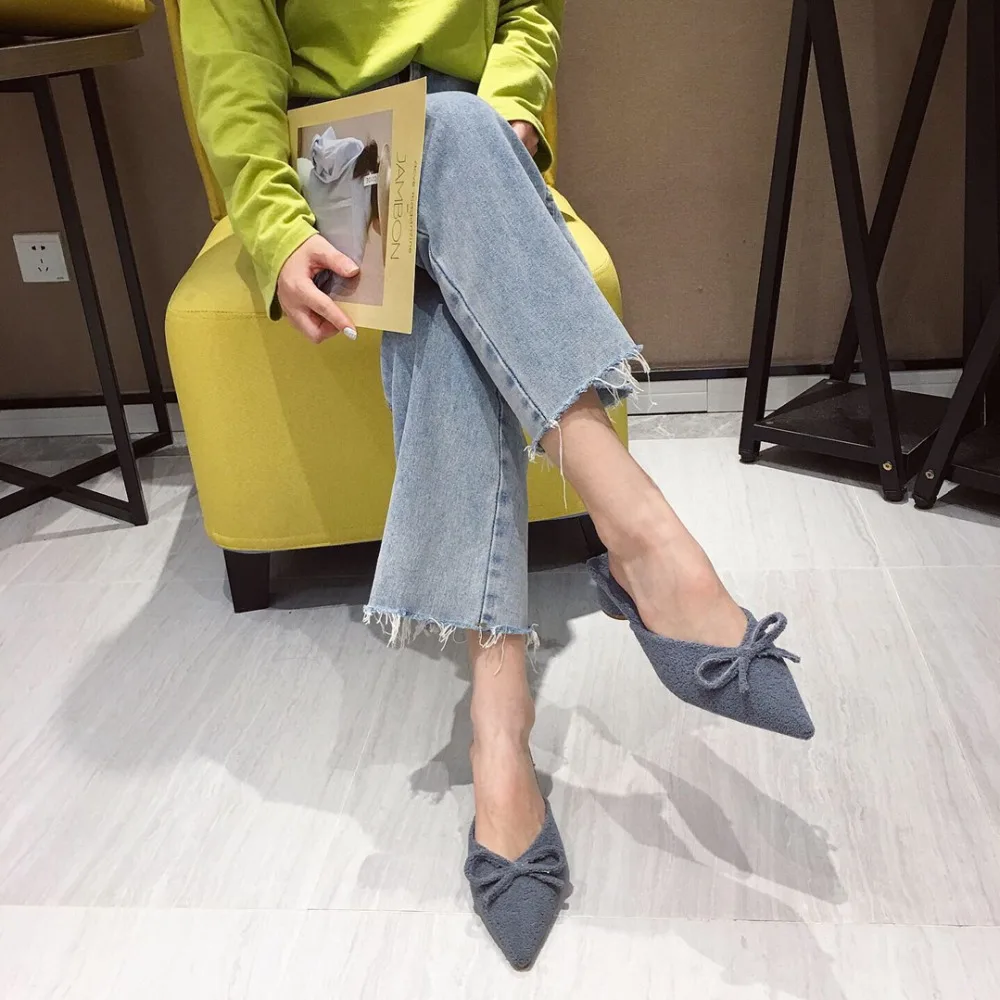 Famous Designer bow-knot wool mules shoes woman pointed toe furry slippers winter low heels shallow curl fur flip flops slides