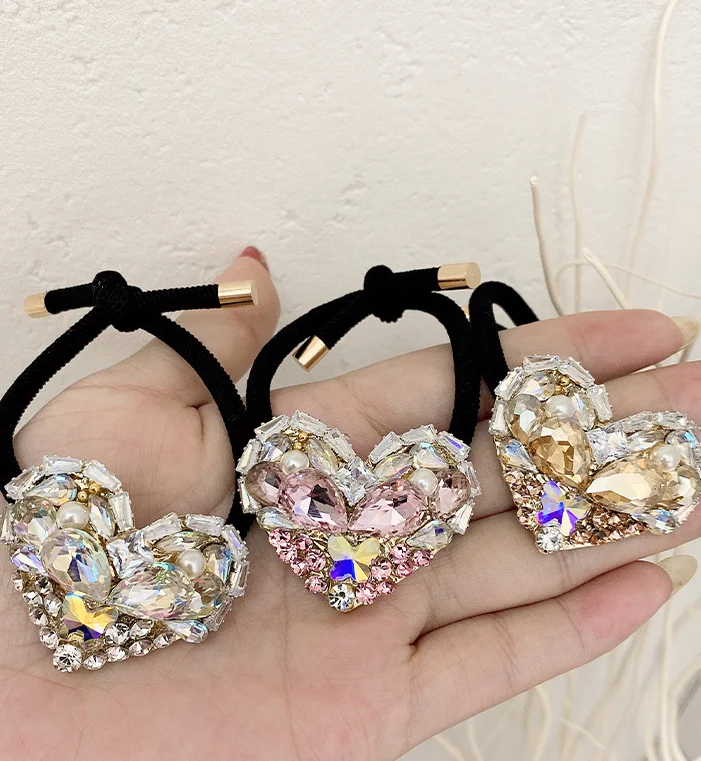 Fashion Rhinestone Heart Elastic Hair Bands Bows Women Girls Luxury Jewelry Head Rope Hair Tie Korean Exquisite Hair Accessories