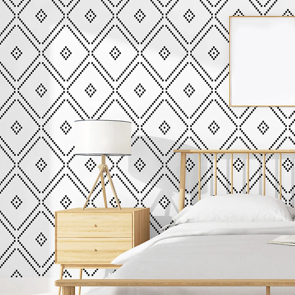 

New 9.5M Nordic PVC Geometric Washable Wallpapers For LIving Room Store Black and White Diamond Lattice Wall Paper Sticker Roll