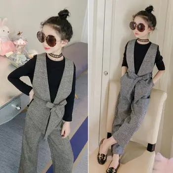 

Teenage Girls Clothing Sets 2020 Spring Plaid Vest T-shirts Pants 3pcs Suit for Girls Clothes Fashion Kids