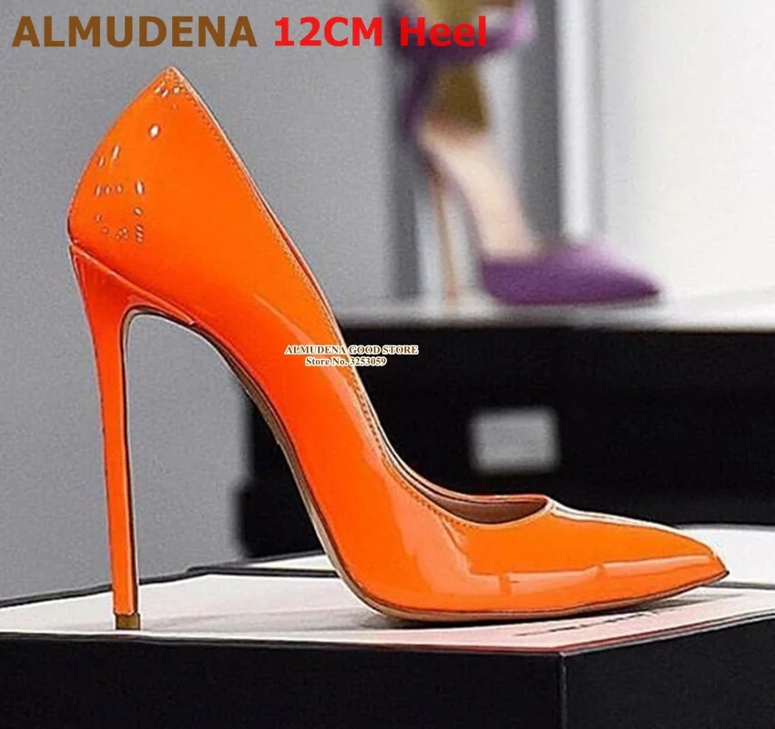 12cm heel orange ALMUDENA/фиолетовые туфли-лодочки из лакированной кожи с острым носком свадебные туфли без застежки с закрытым носком 12 см вечерние туфли на высоком каблуке 10 см, 8 см туфли-лодочки, размер 45 - Цвет: 12cm heel orange