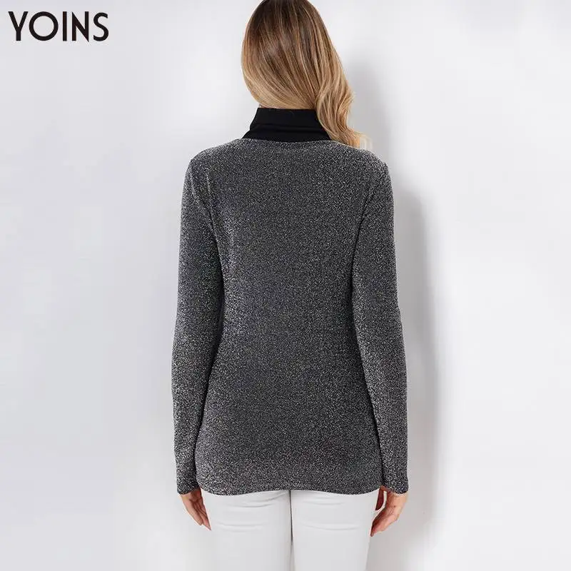 YOINS, осенне-зимние женские блузки, черные, облегающие, самозавязывающиеся, с дымоходным воротником, с длинным рукавом, рубашки, блестящие, серебристые, для чтения, блузы
