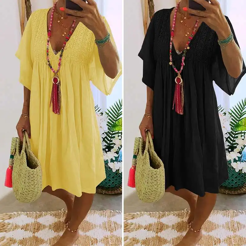 VONDA Woman Dress Summer Casual Cotton Ruffled Party Dresses Bohemian Vestidos Plus Size Fermme Short Sleeve V Neck Robe