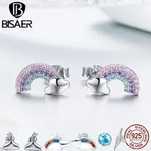 BISAER, трендовые 925 пробы, серебряные, розовые, радужные, маленькие серьги-гвоздики, дешевые женские серьги, Стерлинговое Серебро, Brincos, ювелирное изделие ECE578