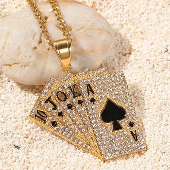 

Hip Hop Ice Out Bling Golden Playing Card Stainless Steel Rhinestone Necklace and Pendant Men's Vintage Street Necklace Jewelry