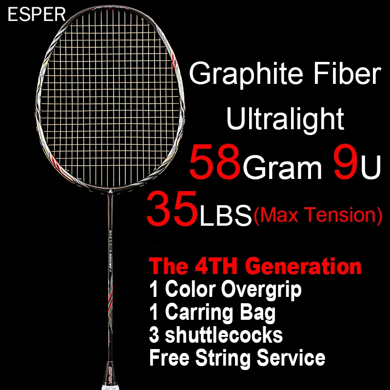 Esper Badminton Racket 58Gram Ultralight 9U Carbon Fiber Badmintonracket 4th Generatie Super Offensief Met String Tas Grip Esper Badminton Racket 58Gram Ultralight 9U Carbon Fiber Badmintonracket 4th Generatie Super Offensief Met String Tas Grip