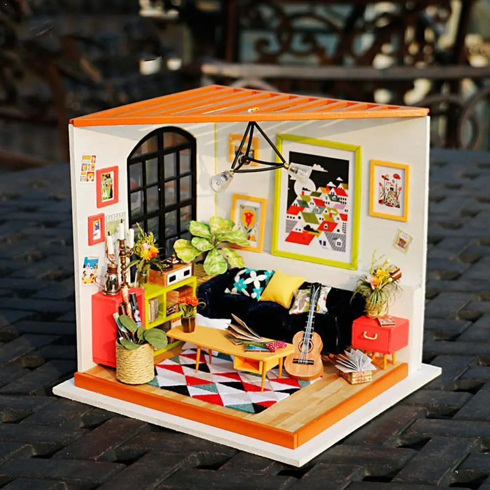 

1Pc Mini Wooden House Cute Music Room Furniture Model Light Assembly DIY Toy House Model Manual LED Kit with Doll S4V7