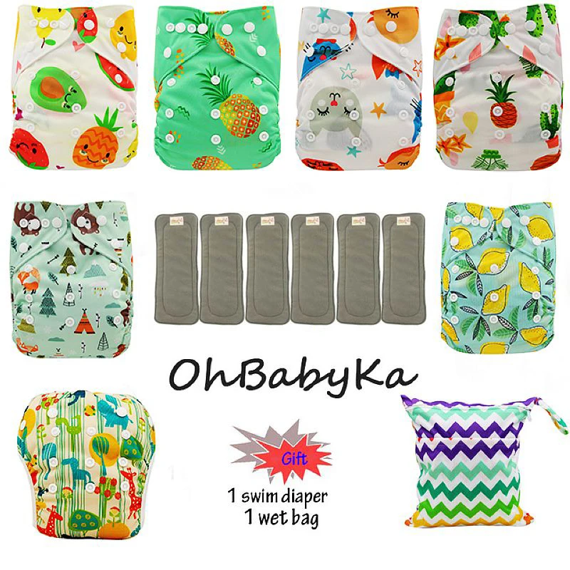 Ohbabyka Многоразовые детские тканевые подгузники бамбуковый уголь подгузники с карманами 6 шт. регулируемый по размеру подгузник Подгузники+ 6 шт. бамбуковые вставки - Цвет: 81
