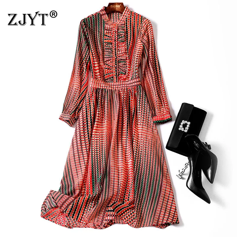 

New Arrival Spring Dresses for Women 2020 Runway Designers Long Sleeve Ruffled Patchwork Striped Print Aline Chiffon Dress