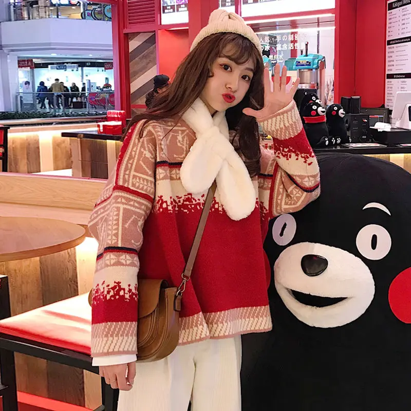 2019 sets of sweaters female Christmas autumn and winter new Korean version lazy wind red loose thick sweater | Женская одежда