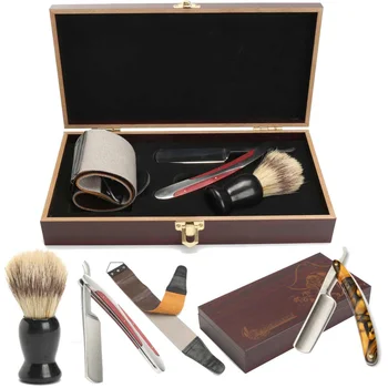 

4Pcs Vintage Manual Shaver Kits With Wooden Box Gifts Barber Holder Folding Shaving Knife Shave Beard Cutter
