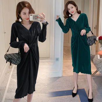 

Maternity fashion Party Dress Ladies Long Sleeve V Neck Elegant Dress 2019 Women Solid Autumn Winter Loose Pregnancy Dress