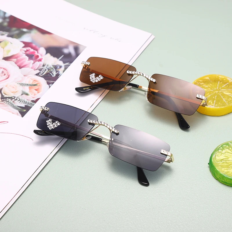 Rimless Diamond Sunglasses Women 2021 Rectangle Steampunk Sun Glasses Crystal Vintage Rhinestone Glasses Eyewear UV400 Oculos oversized sunglasses