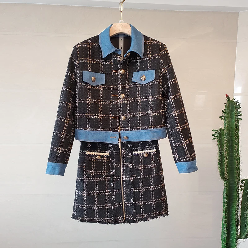 

High-end Autumn French Small Fragrance Tweed Long Sleeve Short Jacket + Half Skirt 2 Piece Set Women Suit K9361