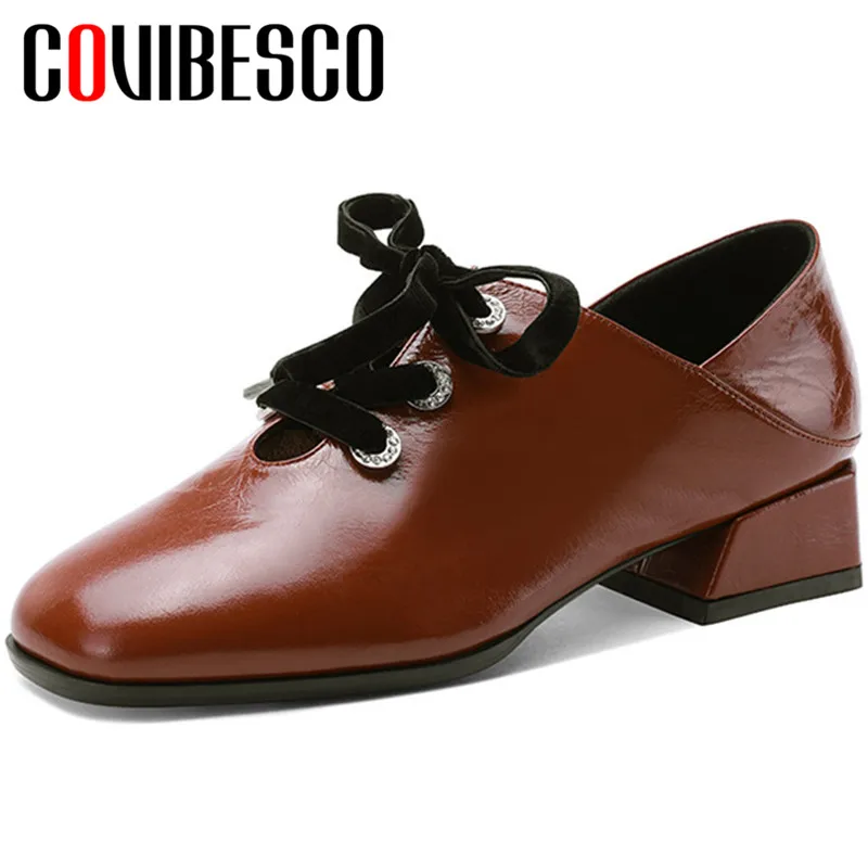 

COVIBESCO 2020 Fashion Brand Design Women Pumps Cow Patent Leather Spring Autumn Casual Cross-tied Square Toe Square Heeled