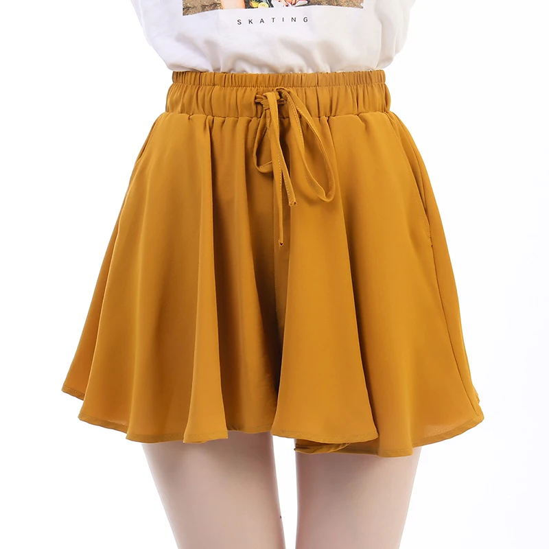 Ginger yellow Женские сексуальные однотонные повседневные шорты с эластичным поясом, с высокой талией, с завязками, Женские однотонные широкие шорты - Цвет: Ginger yellow